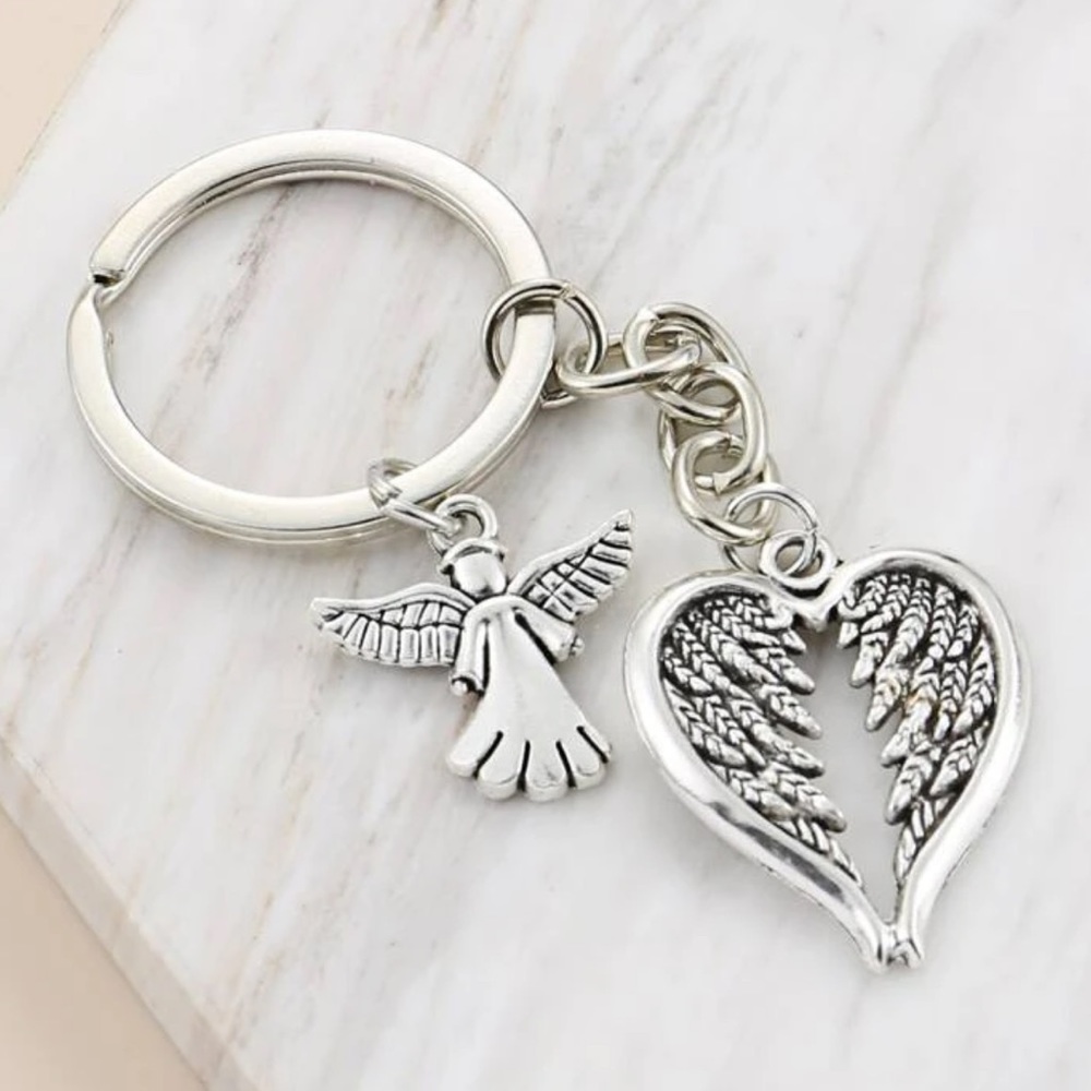 Angel and Wings Charm Keychain Silver Plated Heart - Picture 1 of 5